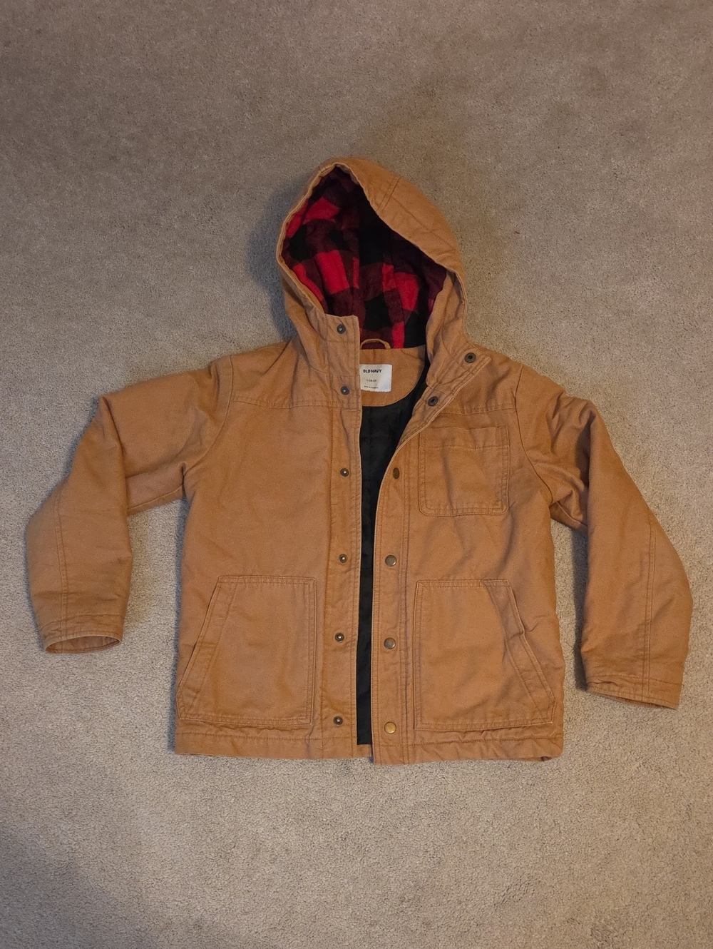 Kids Hooded Canvas Jacket in Tan with Plaid Lining Old Navy, Boys L, 10/12